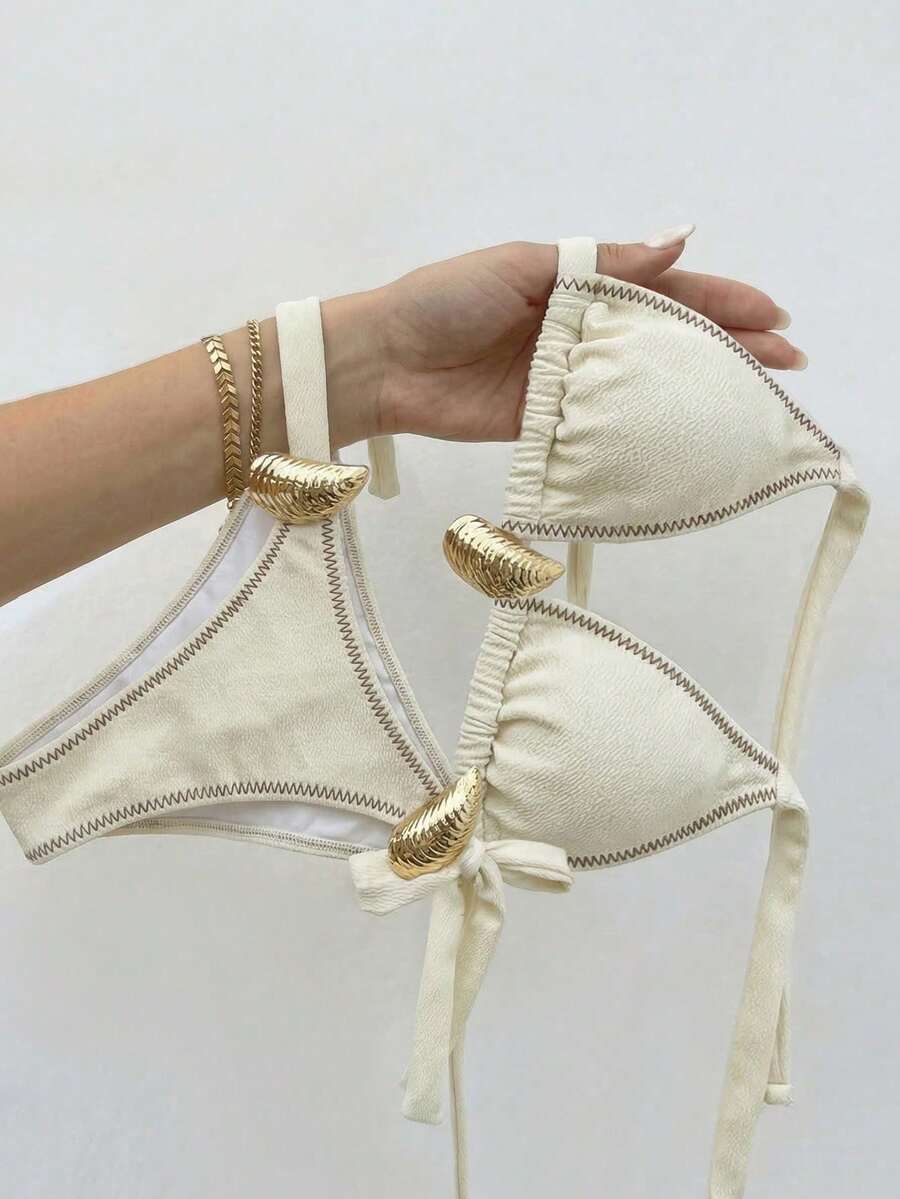 Bikinx 2件組女款時尚性感金屬亮片裝飾按扣比基尼泳衣套裝,舒適度假沙灘白色夏季泳裝 - 白色 - 查看 1