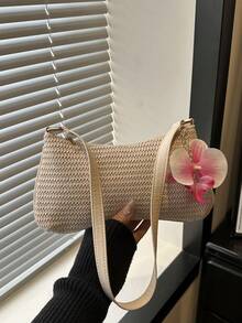 1pc Solid Color Straw Woven Flower Shoulder Underarm Baguette Bag - Khaki - View 3