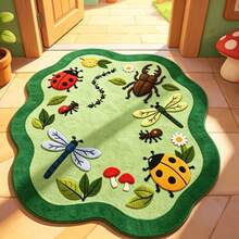 1pc Green Velvet Rug With Multiple Insect Patterns, Thickened Plush Carpet, Thick Furry Rug, Autumn/Winter Decor Rug, Bedroom Decor, Small Rug, Home Decor, Living Room Rug, Living Room Small Rug, Bedroom Rug, Living Room Home Decor, Outdoor Rug, Washable Rug - Multicolor - View 2