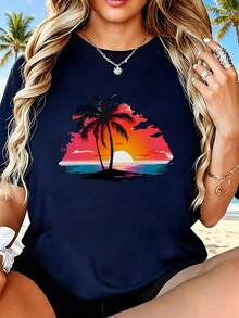 Women's T-Shirt, Palm Tree Sunset, Summer Everyday Wear - Navy Blue - View 1