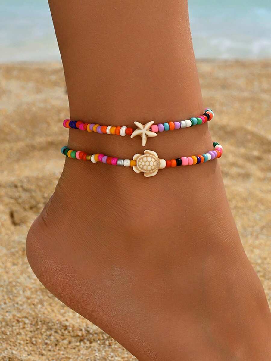2pcs/Set Bohemian Vacation Style Seed Bead Random Beaded Colorful Anklets, Fashionable Marine Creature Beach Vacation Foot Jewelry, Suitable For Daily Wear And Beach Travel, Random Color Arrangement Of Seed Beads - Multicolor - View 1