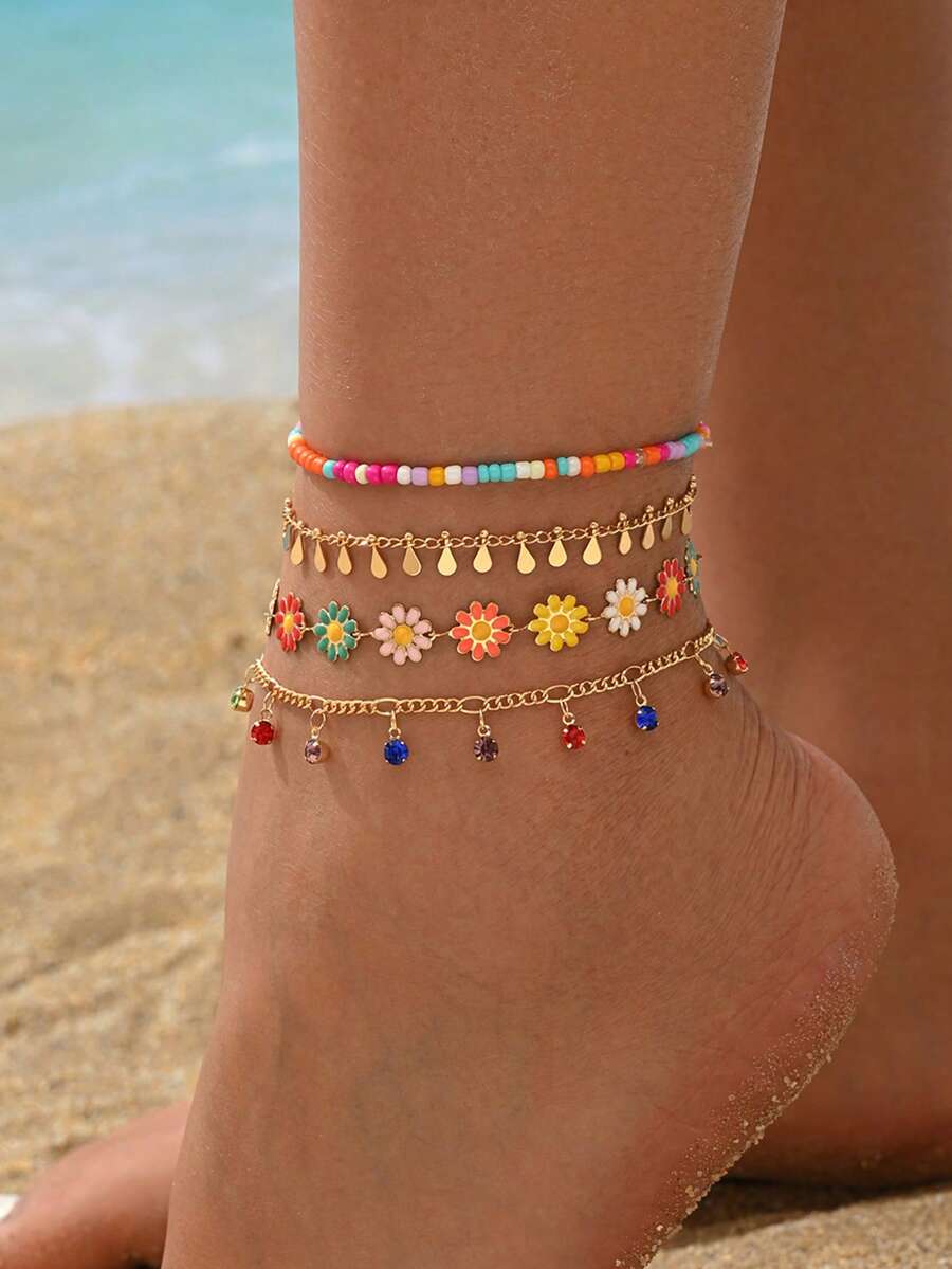 4pcs/Set Summer Sweet Multi-Layer Colorful Anklet Set, Fashion Colorful Daisy Tassel Decor Women's Foot Jewelry, Suitable For Daily Wear And Vacation Party, Colorful Rice Bead Daisy And Rhinestone Tassel Color Arrangement And Bead Count Are Random - Multicolor - View 1
