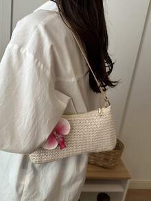 1pc Solid Color Straw Woven Flower Shoulder Underarm Baguette Bag - Khaki - View 5
