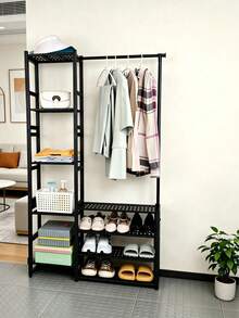 Multifunctional Metal Garment Rack With Multi-Tier Shoe Shelves & Side Storage, Space-Saving Freestanding Coat Organizer For Bedroom, Entryway, Dorm & Apartment, To Hang Clothes And Store Footwear & Daily Essentials - Multicolor - View 6