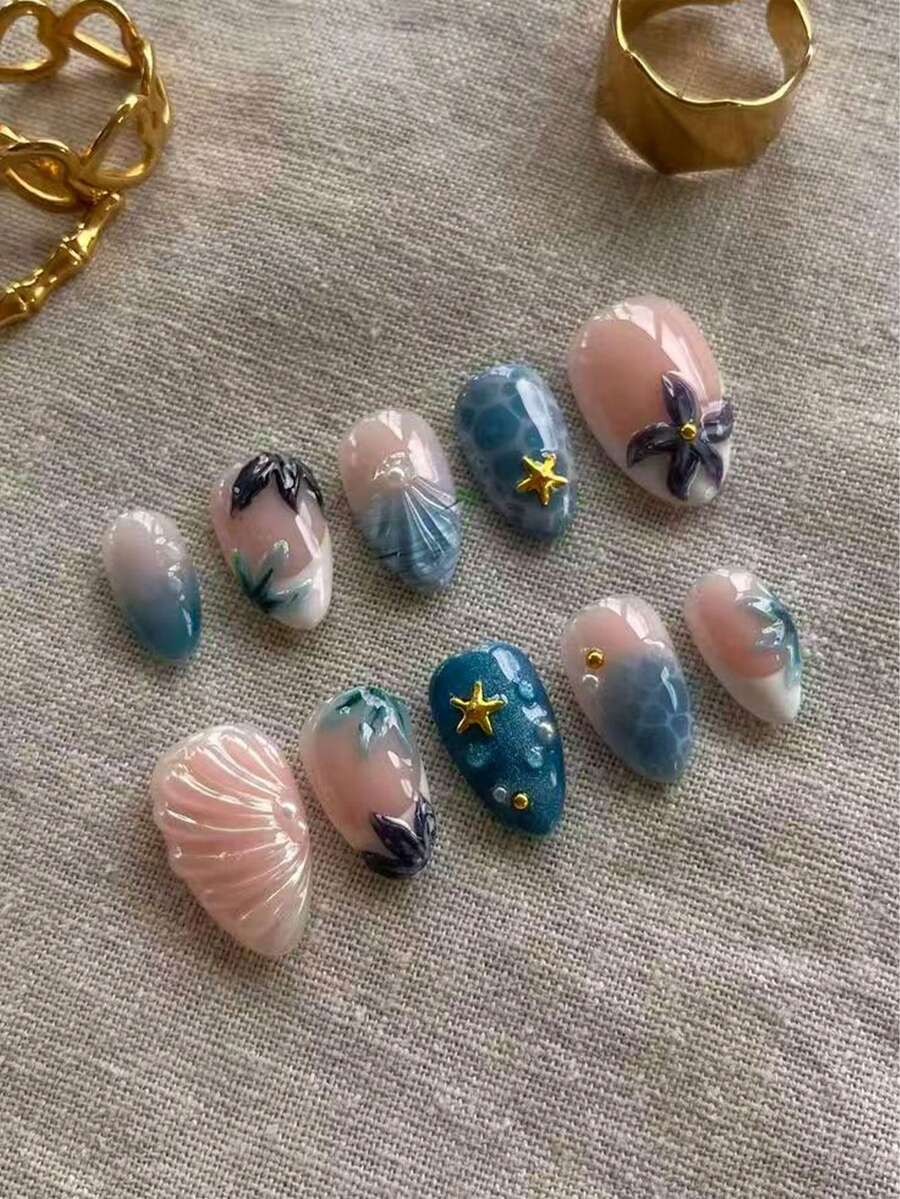 30片短款杏仁形3D凝膠貓眼花卉海洋美甲珍珠裝飾設計法式美甲甲片,短尺寸完美貼合壓克力假指甲套組,含1片雙面膠和1個指甲锉,唯美風格 - 彩色 - 查看 1
