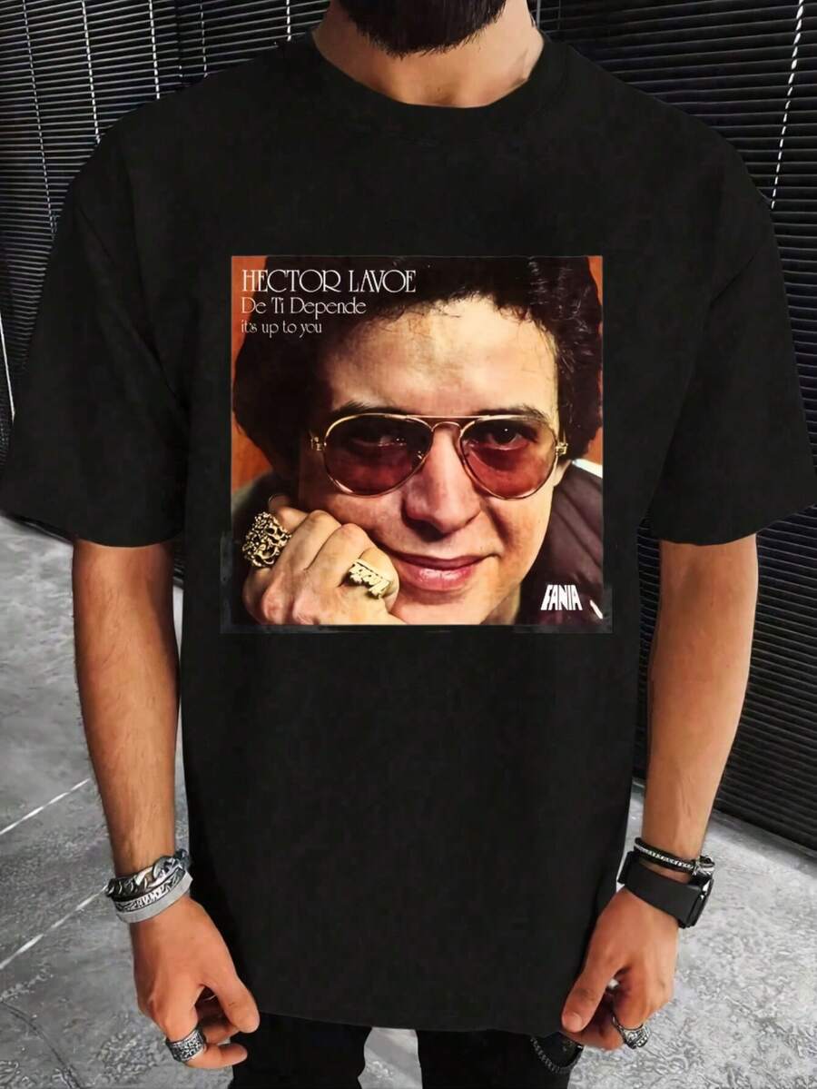 2026 Y2K Graphic Vintage Tee Men'S Hector Lavoe Fania Salsa T-Shirt - Vintage Latin Music Icon Tee With De Ti Depende Album Art & Logo, Soft Round Nec - Black - View 1