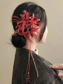 1pc Red Spider Lily Flower Hair Clips For Women Tassel Flower Clips For Hair Accessories Lycoris Radiata Floral Hairclip Clip Cute Decorativ - Red - View 4