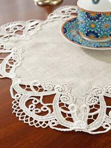 1 pieza Mantel de mesa bordado con encaje calado de poliéster y lino, tapete decorativo a prueba de polvo para la cocina, mesa de comedor, gabinete, escritorio, mesa de café, tocador, decoración del hogar, reuniones familiares, decoración festiva, uso interior y exterior - Beis - Ver 12