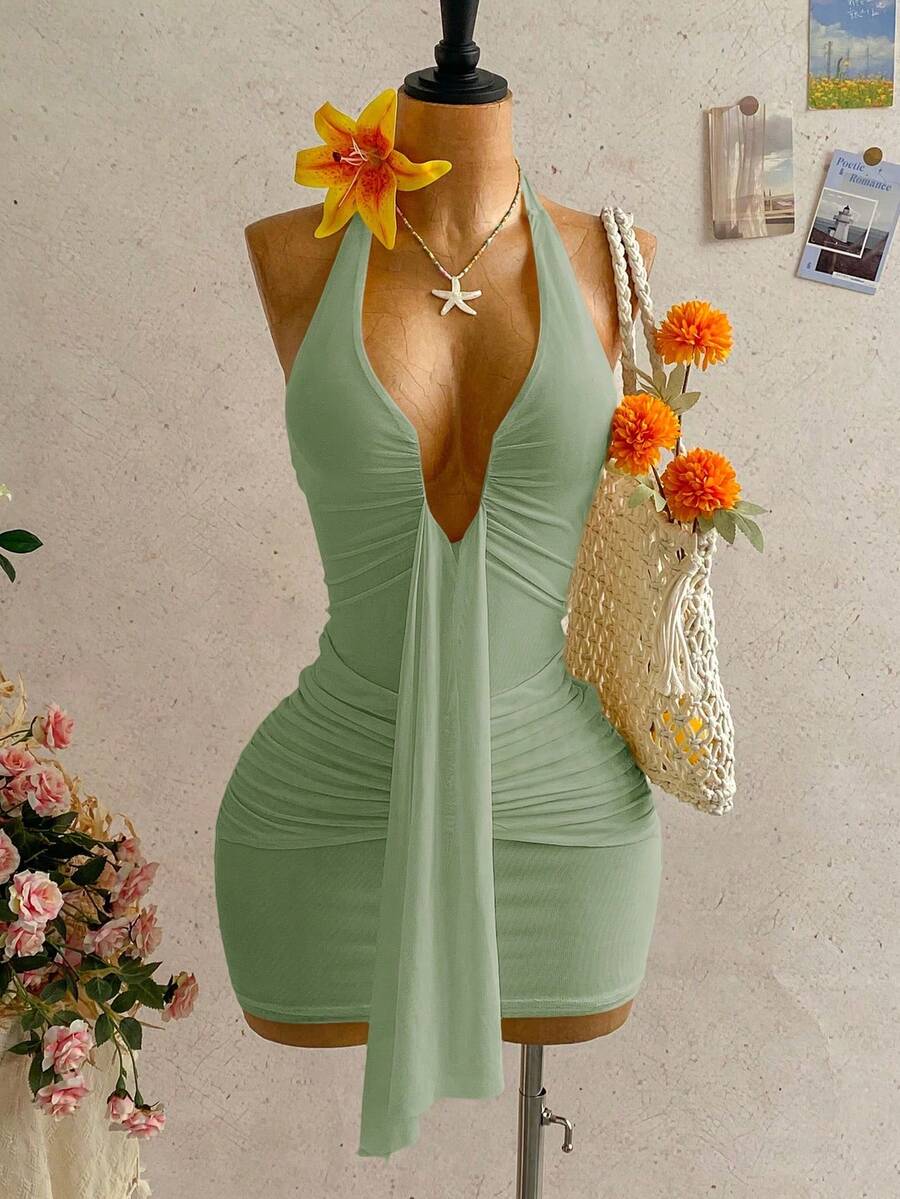 Vestido mini con estampado floral, diseño de lazo y escote halter, para vacaciones - verde menta 2 - Ver 1