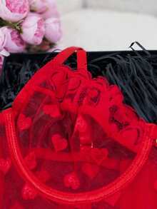 2pcs Red Heart Lace Lingerie Set, Sheer Mesh With Heart Embroidery, Exquisite Lace Outlining Soft Silhouette, Adjustable Straps For Perfect Fit, Matching Same-Color Thong - Red - View 4