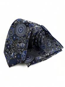 ZLQ&GOU 2 PCS Fashion Blue Cashew Flower Men's Tie, Polyester Jacquard Tie & Pocket Square Set, Suitable For Wedding, Business, Party Neck Accessory - Navy Blue - View 6