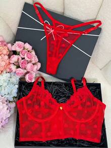 2pcs Red Heart Lace Lingerie Set, Sheer Mesh With Heart Embroidery, Exquisite Lace Outlining Soft Silhouette, Adjustable Straps For Perfect Fit, Matching Same-Color Thong - Red - View 1