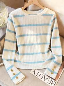 Nueva camiseta de punto con cuello redondo y bordado elegante, top de punto de moda minimalista - Azul - Ver 1