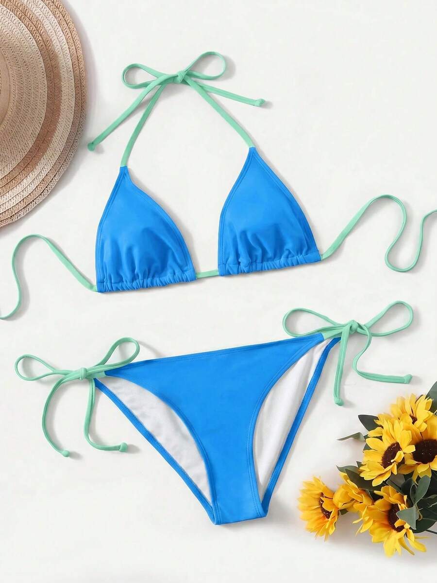 Women's Simple Solid Color Swim Bikini With A Halter Neck And Cutout, Suitable For Beach Vacations And Summer. - Multicolor 2 - View 1