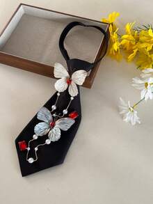 Mori Style Fabric Butterfly Pearl Red Rhinestone Black Tie-Free Girl Dress Shirt Accessory - Double Red Butterflies - View 2