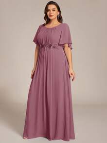 EVERPRETTY Gaun Pesta Pernikahan Ukuran Besar Warna Mawar Abu-abu Romantis, Leher Bulat, Lengan Berkerut, Hiasan Bunga di Pinggang, Gaun Maxi Chiffon yang Mengalir untuk Pesta Musim Gugur - Dusty Pink - View 6