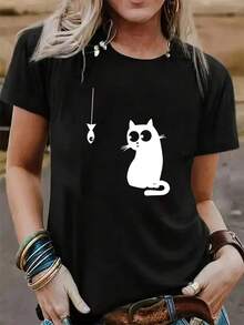 Camiseta de manga corta casual de verano de primavera con estampa de pesca de gato para mujeres con cuello redondo suelto - [Negro] - Ver 1