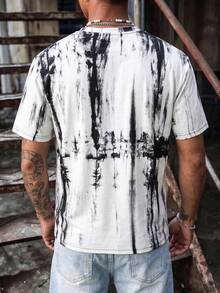 DOPR | Men's Street Casual Black & White Tie-Dye Distressed Digital Print Summer Round Neck Short Sleeve T-Shirt - White - View 3