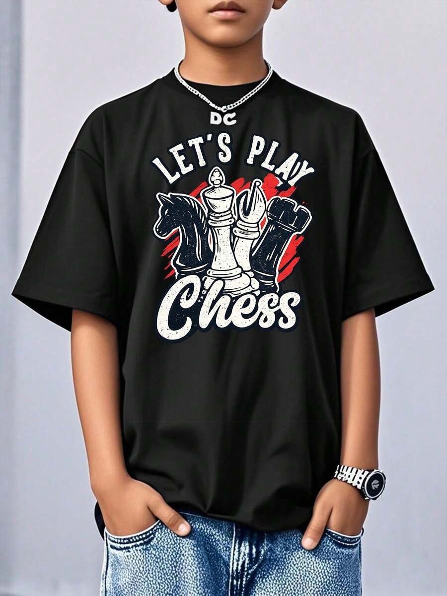 Short-Sleeved T-Shirt With Round Neck And Casual Graphic Print For Children And Teenagers, Summer Top - 酒紅色 - 查看 1