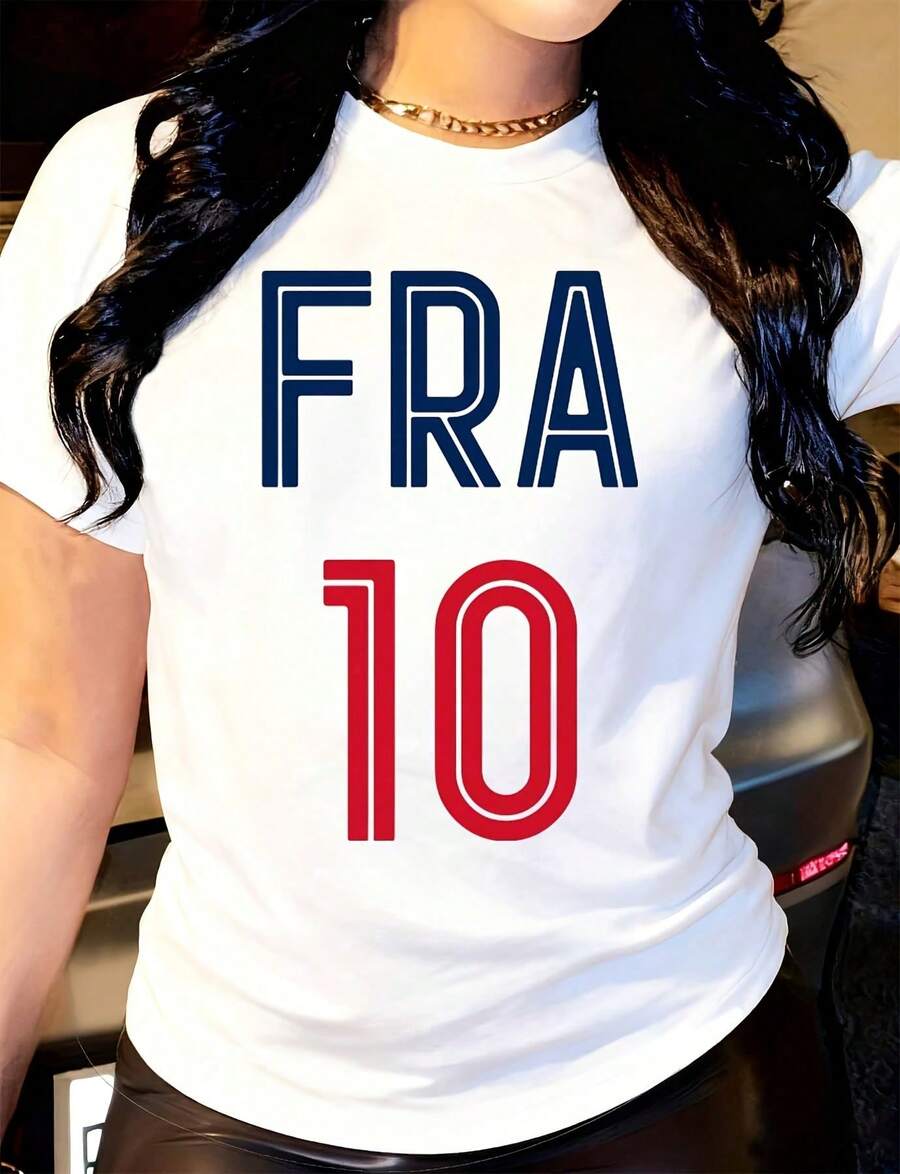 Camiseta verano mujer algodón puro cuello redondo, estampa tipografía llamativa Fra 10, diseño estilo deportivo para uso diario informal de primavera y verano - Blanco - Ver 1