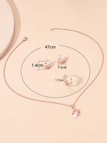 4pcs Rose Gold Cubic Zirconia Flower & Pearl Necklace, Earrings, Ring Set For Women - Multicolor - View 7