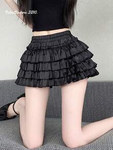 Women's Mini Skirt, Spring/Summer, Fleece-Lined Skirt, Cake Skirt, Half-Length Skirt, High Waist, Girly, Cute, Fresh, Sweet, Polyester, Stretchy, Lightweight, Flared, Mini Length, Clean, Feminine, Sweet, French Style, School, Day - Black - View 7