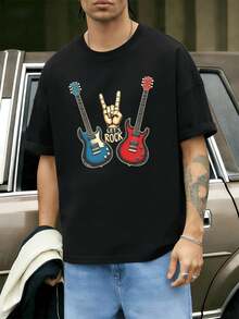 M En's R O Ck Guitar Print T-S HIR T, 100% Cotton, Art Print, Street Hip-Hop, Breathable. - Black - View 1