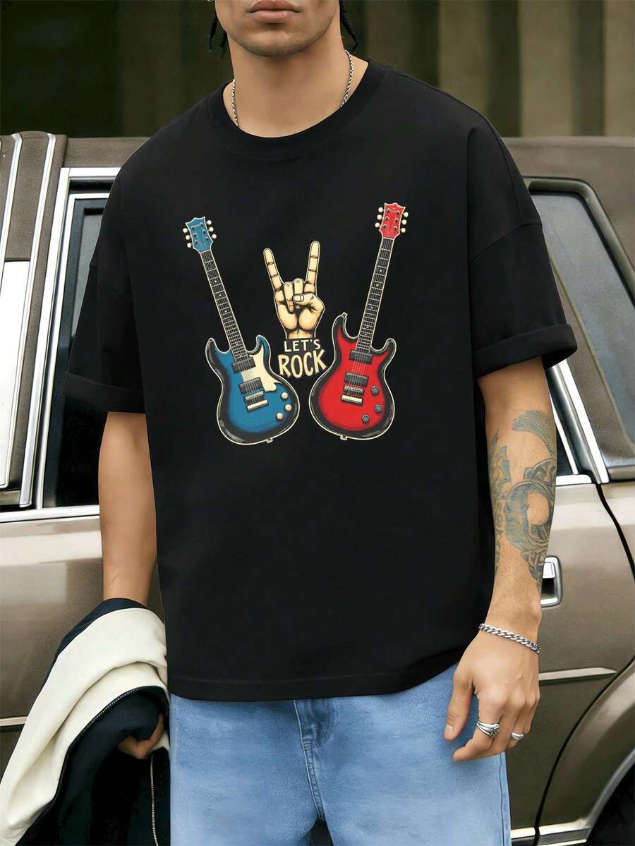 M En's R O Ck Guitar Print T-S HIR T, 100% Cotton, Art Print, Street Hip-Hop, Breathable. - Black - View 1