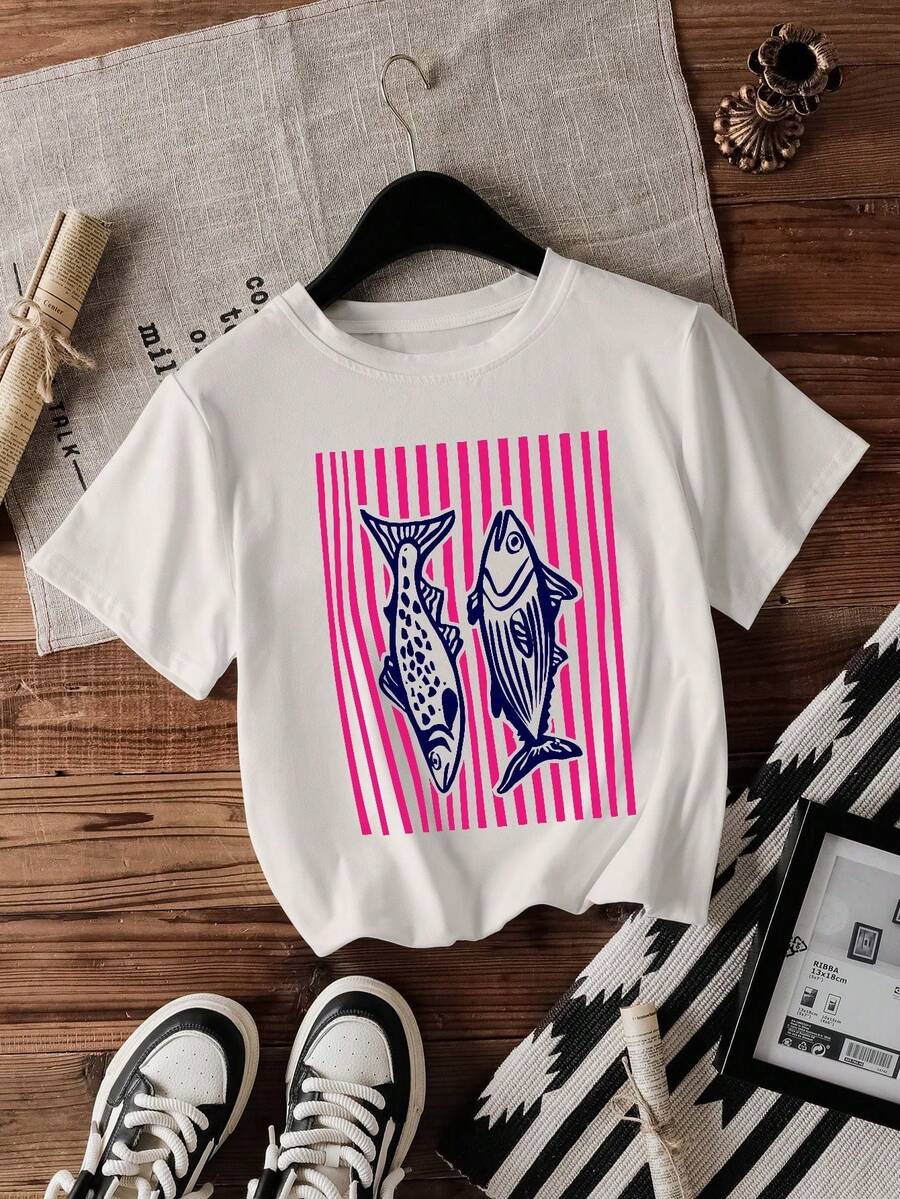 Women's Round Neck T-Shirt, Vintage Canned Fish Print, Retro Seafood Design 90s Style, Light Casual Summer, Streetwear Fashion, Vacation And Everyday Wear - 白色的 - 查看 1