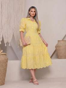 Women's Midi Dress With 3D Embroidery And Plain Design, Functional Button, Elasticated Back And Sleeves, 100% Cotton,  For Women. - 3D黃色 - 查看 2