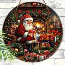 Accroche-porte de Noël en bois rond vintage, design imprimé bonhomme de neige, cabane et houx, ornement de couronne en bois festif pour porte d'entrée, décoration de maison et fête de Noël - A - Voir 11