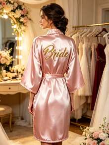 Lightweight Pale Pink Short Sleeve Satin Robe, Solid Color & Gold Embossed Detail Bridal Morning Robe, Cool & Breathable Spring/Summer Bridesmaid Bathrobe, Suitable For Daily Home, Wedding Preparation And Theme Party Occasions - Pink Bride - Gold Foil - View 11