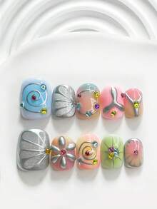 10pcs Y2K Style Handmade Press-On Nails, Polymer Nail Tip Set, Colorful Rhinestone & Line Design, Blue, Pink & Green Nail Polish, Sweet & Cool Style, Includes Manicure Tools, 3 Sizes Available, Square, Short Square, Almond Shape, Suitable For Parties, Dancing, Daily Wear - 彩色 - 查看 12