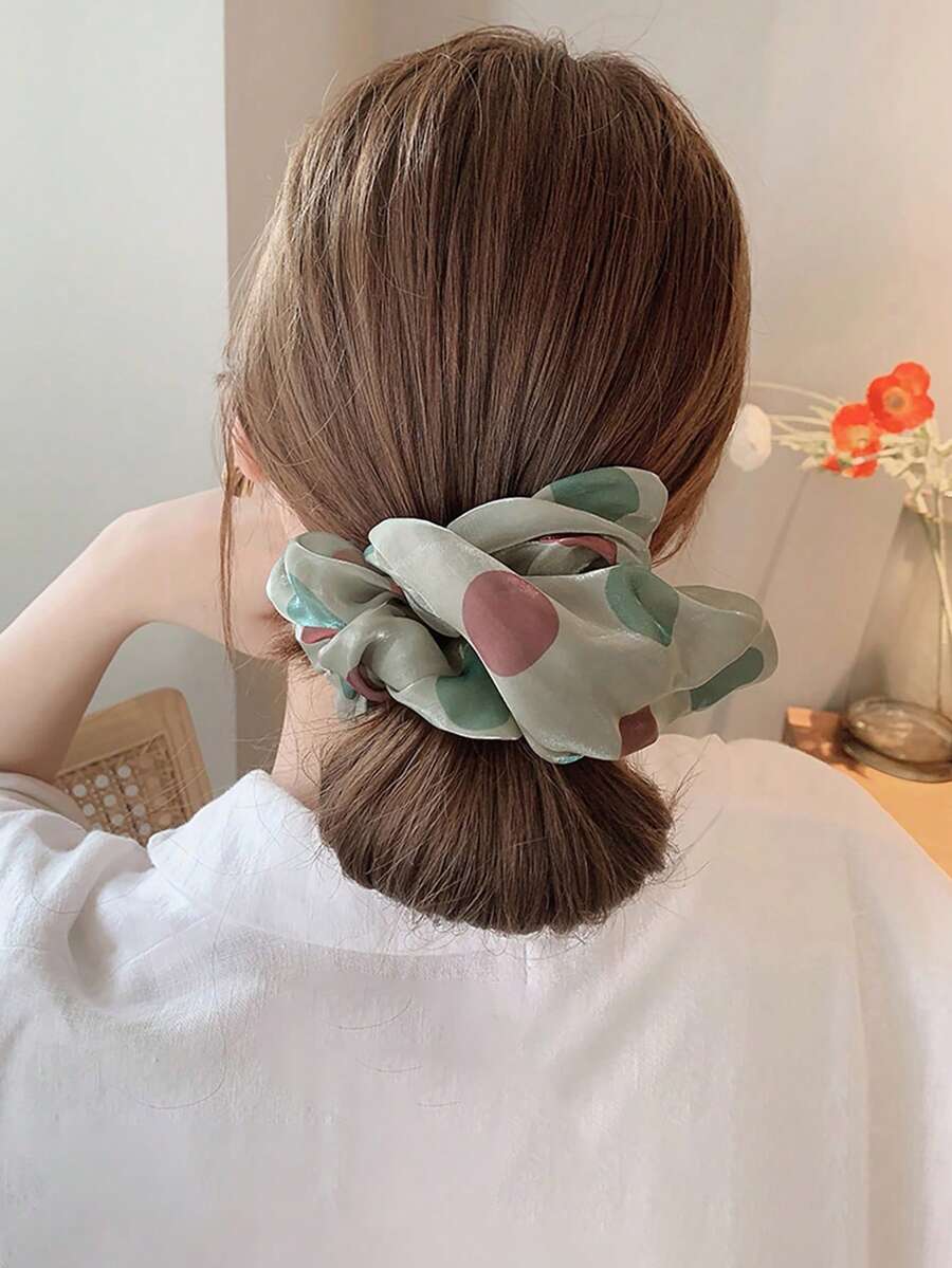 1pc Extra Large Green Glass Yarn Polka Dot Scrunchie Hair Tie - Green - View 1