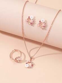 4pcs Rose Gold Cubic Zirconia Flower & Pearl Necklace, Earrings, Ring Set For Women - Multicolor - View 1
