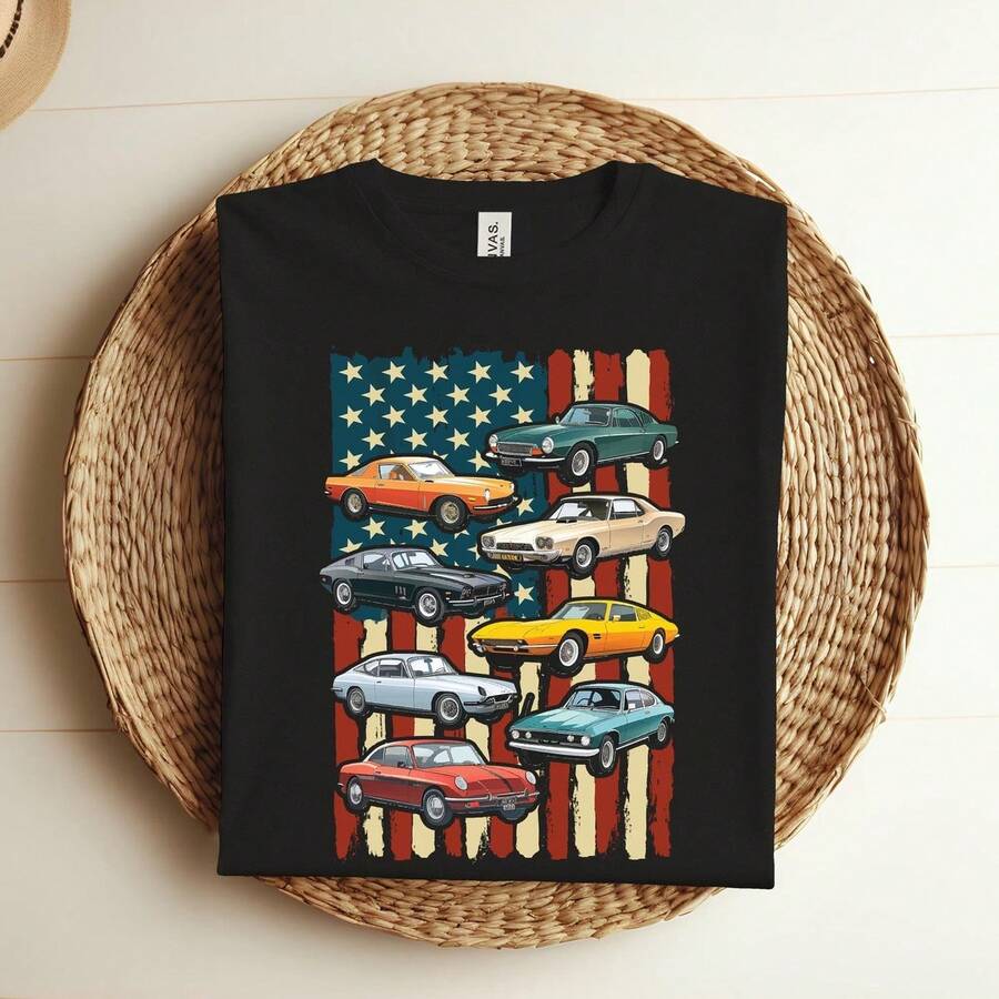 Camiseta patriótica vintage con la bandera estadounidense de los muscle cars clásicos, camisetas para amantes de los mus - Negro - Ver 1