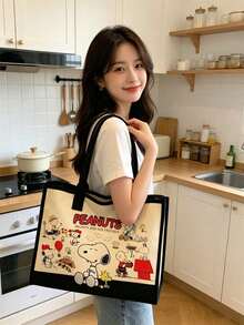 1pc Peanut Snoopy Print Canvas Crossbody Tote Bag, Casual Minimalist Style, Multifunctional Small Shoulder Handbag, Durable Adjustable Shoulder Strap, Suitable For Women And Teenagers, Ideal For Daily Outings, Work, School And Shopping - View 3