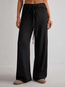 Women's Solid Color Drawstring Waist Wide Leg Loose Casual Pants - Black - View 4