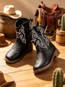 1 Pasang Sepatu Bot Koboi Western Bordir Hitam Unisex Anak-Anak, Resleting Samping, Hak Rendah, Setengah Betis, Sepanjang Musim - Hitam - View 2