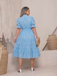 Women's Midi Dress With 3D Embroidery And Plain Design, Functional Button, Elasticated Back And Sleeves, 100% Cotton,  For Women. - 純藍色 - 查看 2