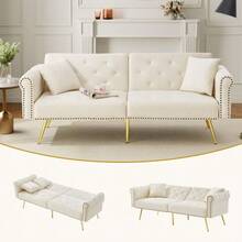 Sofá cama moderno de 2 plazas: tapizado en terciopelo, respaldo reclinable en 3 posiciones y patas de metal dorado. Elegante sofá convertible: ahorra espacio, es duradero e ideal para espacios reducidos. - Beis - Ver 2