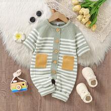 New Striped Knit Long Sleeve Jumpsuit For Infants And Toddlers - Green - View 11