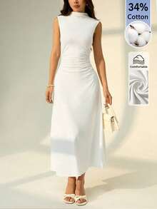 Nuevo 2026  Vestido largo de línea A con cuello mao sin mangas y fruncido, nuevo para el Día de San Valentín, elegante y romántico para citas y trabajo, vestidos de verano para mujeres - Blanco 2 - Ver 1