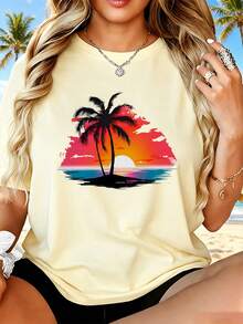 Women's T-Shirt, Palm Tree Sunset, Summer Everyday Wear - 卡其色 - 查看 1