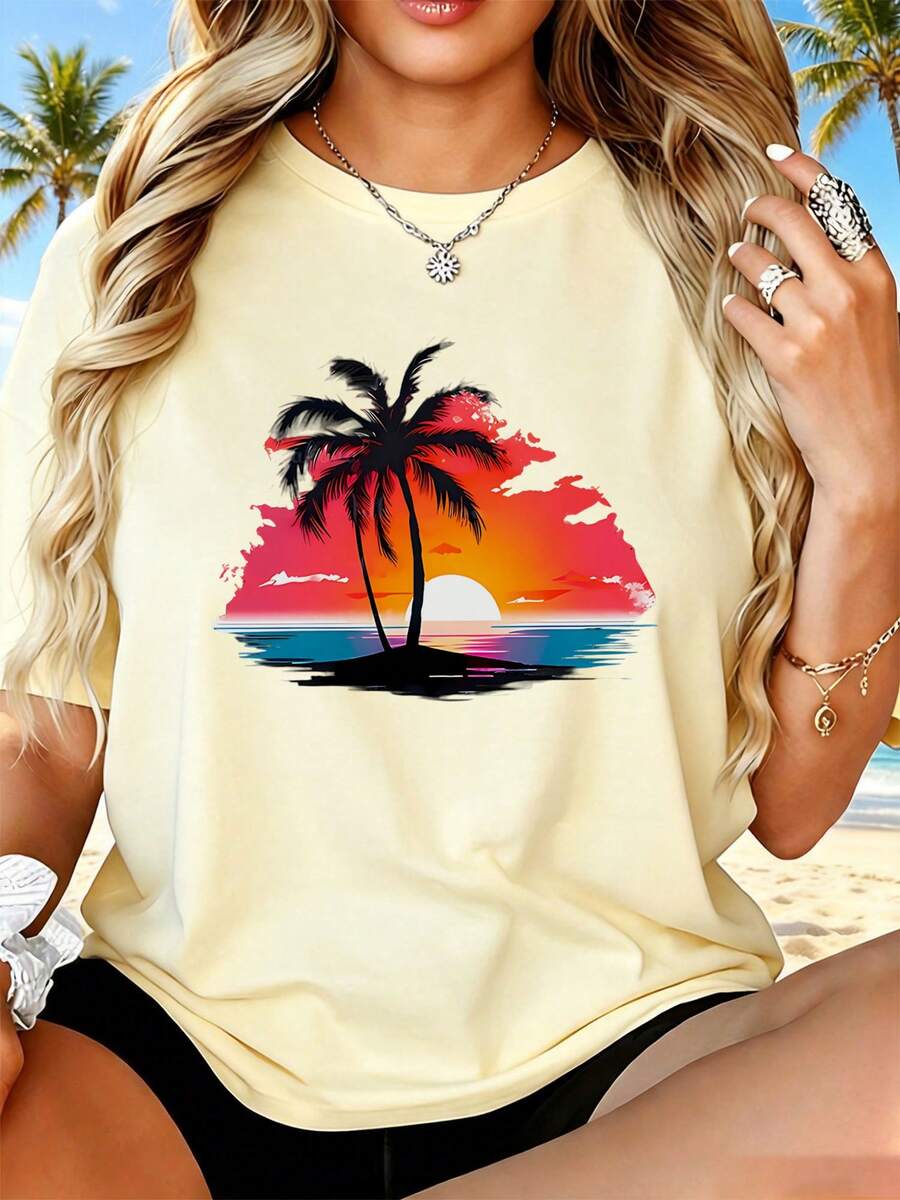 Women's T-Shirt, Palm Tree Sunset, Summer Everyday Wear - 卡其色 - 查看 1