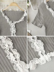 New Design Lace Patchwork Cropped Top, Unique Sweet & Spicy Style, Flattering Fit, Short Sleeve Cardigan For Spring/Summer - Gray - View 6