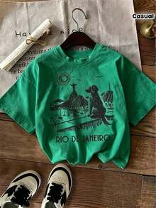 1 Piece Casual Fashion For Men And Women 100% Women's January Rio T-Shirt, Brazil, With Outstanding Features Dog Lover Print, Casual Holiday Short Sleeve Top, Women's Easter Clothing Set - 綠色 - 查看 1