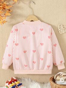 Girls' Casual Fashion Striped Heart Print Zipper Baseball Collar Long Sleeve Fleece Lined Jacket, Autumn/Winter - Pink - View 3