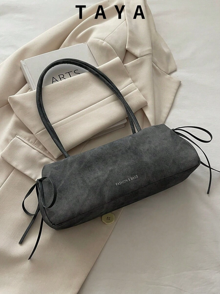 New Vintage Fashion Square Bag, Zipper Closure, Leather Strap Bow Decor, Lightweight Minimalist, Solid Color Dual Handle Shoulder Bag, Suitable For Women's Daily Life, Casual, Commute, Work, Vacation And Student Use