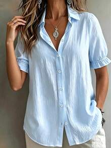 Fashionable Light Blue Plus Size Button-Up Shirt, Ruffle Short Sleeve, Classic Collar, Regular Length Top Summer - Baby Blue - View 3